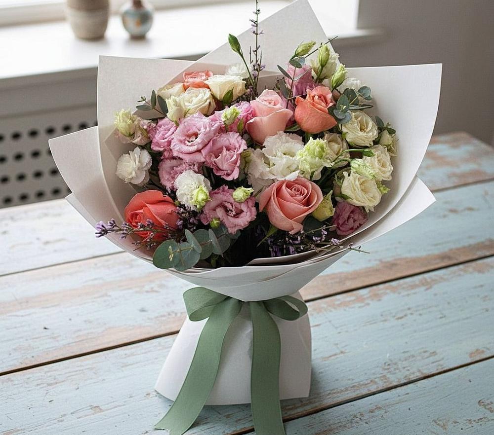 Букет цветов из: Розы, Лизиантусы и Гвоздики в Радченко