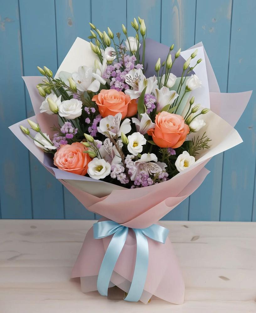 Букет цветов из: Лизиантусы, Розы, Альстромерии и Гипсофила в Радченко